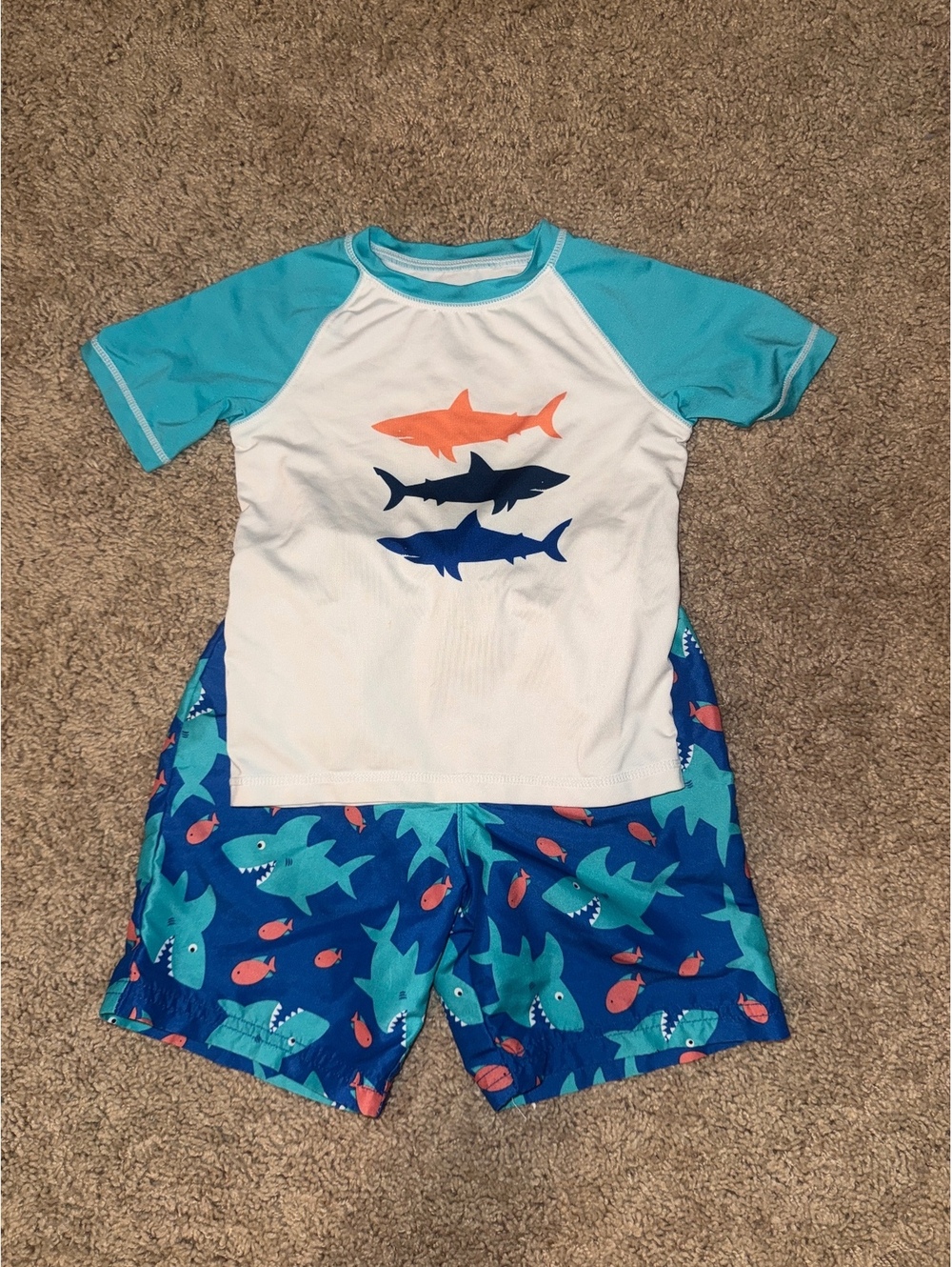 Wonder Nation Boys 3T Shark Print Swim Set - Rash Guard and Swim Shorts